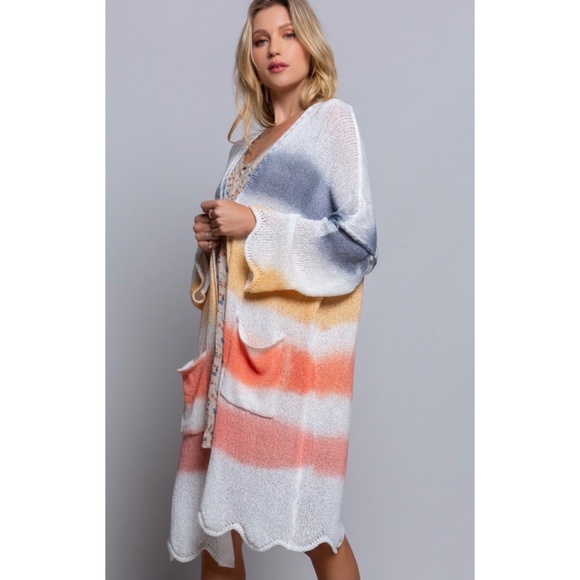 POL Sweaters - POL Off White Multi Stripe LightweightTransitional Knit Midi Cardigan
